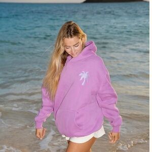 NEW Pink Palm Puff Everything Comes in Waves" Hoodie in Açai size large